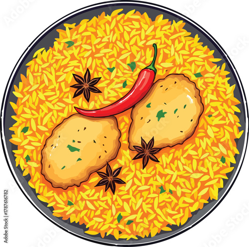 Spiced yellow rice with star anise, red chili, and cutlets served on black plate
