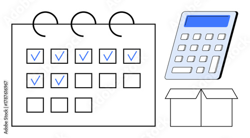 Calendar with checkmarks for task tracking, calculator for budgeting, and package box for logistics. Ideal for productivity, planning, budgeting, scheduling, logistics, organization and delivery