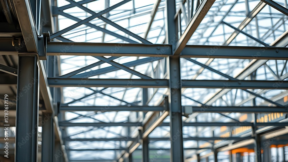 Obraz premium Detailed steel framework in an industrial setting, highlighting structural elements with daylight.
