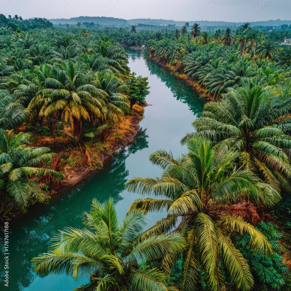 Obraz premium Lush Green Landscape With Winding River and Palm Trees in a Tropical Setting