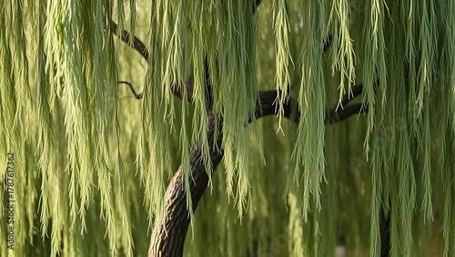  A weeping willow tree with drooping branches in muted green tones.