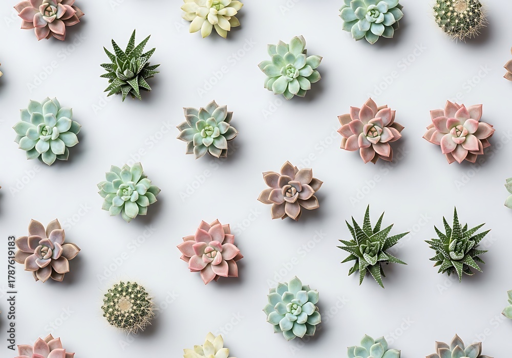 Fototapeta premium Assorted succulents neatly arranged on white background for gardening themes