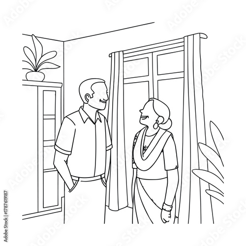 A simple black and white outline drawing of two happy adults, possibly husband and wife, standing together in their home