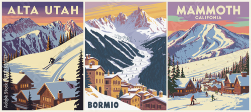 A vintage-style travel poster triptych of three ski resort scenes. The left panel shows "ALTA UTAH" with a snow-covered mountain landscape featuring a lone skier descending a steep slope, wooden cabin