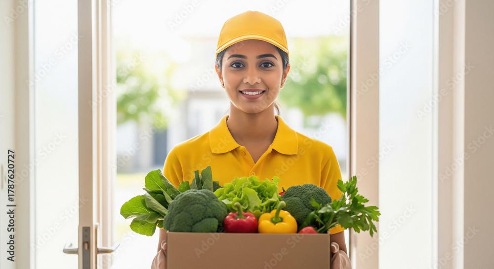 Fototapeta premium A delivery person in a yellow uniform stands at the door holding a box full of fresh green vegetables