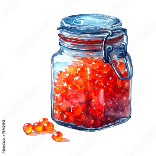 Red caviar filling a glass jar with a metal clasp, illustrating a luxurious seafood delicacy and gourmet ingredient, presented as a vibrant watercolor illustration on a transparent background