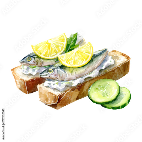 Watercolor illustration of open faced sardine sandwiches on toasted bread with cream cheese, cucumber slices and lemon wedges, bright and fresh on transparent background