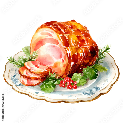 Glazed christmas ham on a decorative platter with sliced servings, garnished with cranberries and rosemary, festive watercolor illustration on transparent background