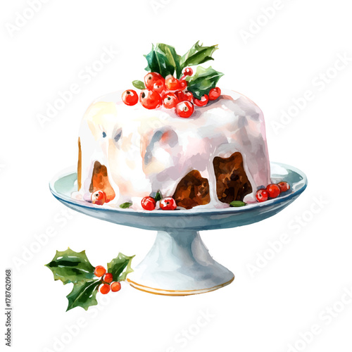 Watercolor painting of a traditional christmas pudding on a white cake stand, topped with sugar icing, red cranberries and holly leaves, festive and richly detailed centerpiece