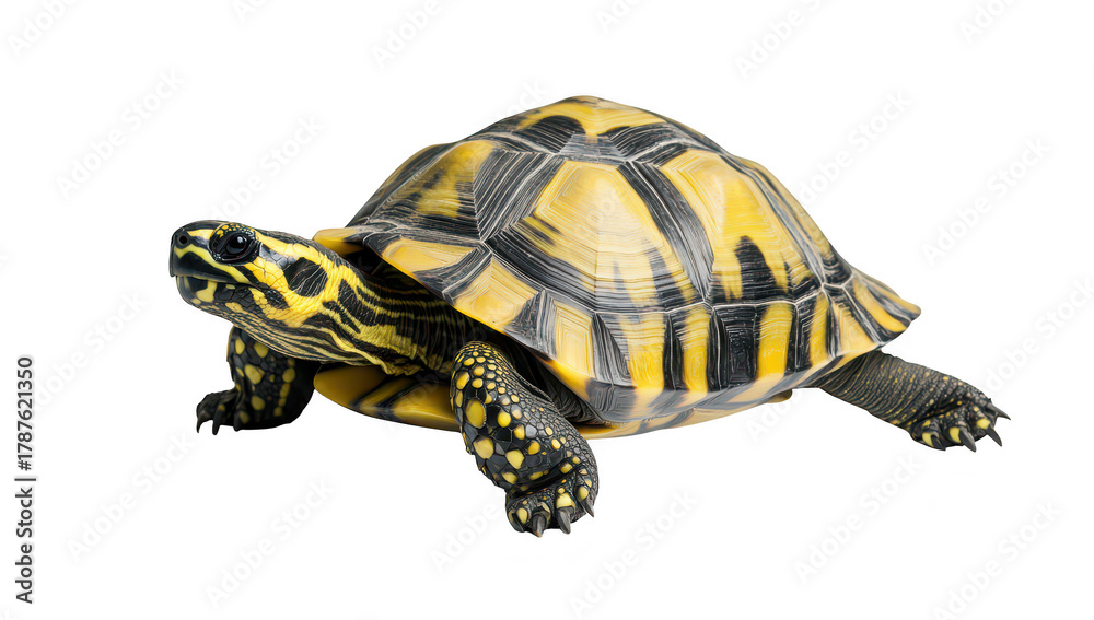 Obraz premium A beautifully detailed tortoise with striking yellow and black patterns crawling across a clean. white surface. its natural grace and unique features. ideal for nature and wildlife photography