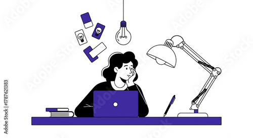 Woman working from home on laptop with ideas and light bulb above