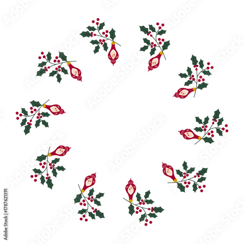 Christmas wreath Pine branch with bows on white background Christmas element Fir tree and Christmas tree decoration Pine tree on light background Vector illustration
