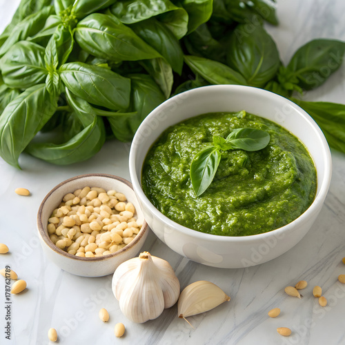 pesto sauce and fresh green basil leaves