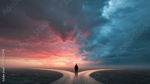 Man standing at a crossroads. Business decision concept. Businessman at bifurcation road. Future choice metaphor.