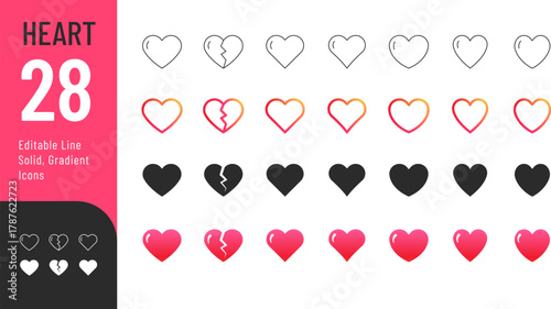 Heart Shape Icons set. Vector Illustration of hearts of various shapes in the form of editable thin line, linear gradient, black fill, and volumetric icons. Isolated on transparent background.
