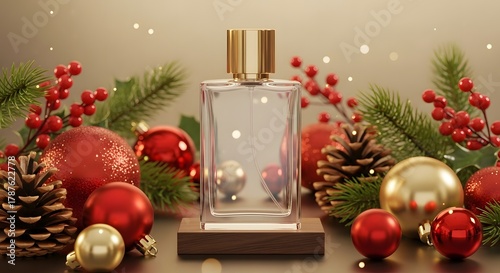 Realistic Holiday Gift Perfume Bottle Mockup with Pine Cones & Ornaments