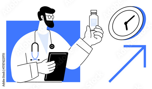 Doctor holding tablet and medicine bottle, clock symbolizing time, and arrow denoting growth or improvement. Ideal for healthcare, time management, innovation, progress, productivity, treatments