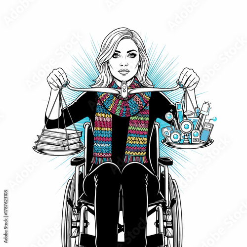 A woman in a wheelchair balances a book with gadgets on a white background