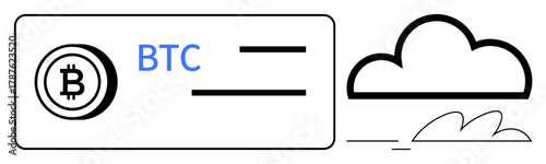Bitcoin coin logo, cryptocurrency tag, and abstract cloud shapes combine digital finance and cloud storage. Ideal for fintech, digital economy, blockchain, security, decentralization, innovation