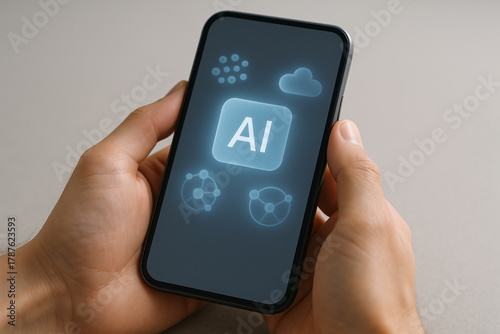 Wallpaper Mural Close-up of hand holding smartphone showing AI symbol. Futuristic artificial intelligence concept with minimal tech aesthetic. Torontodigital.ca
