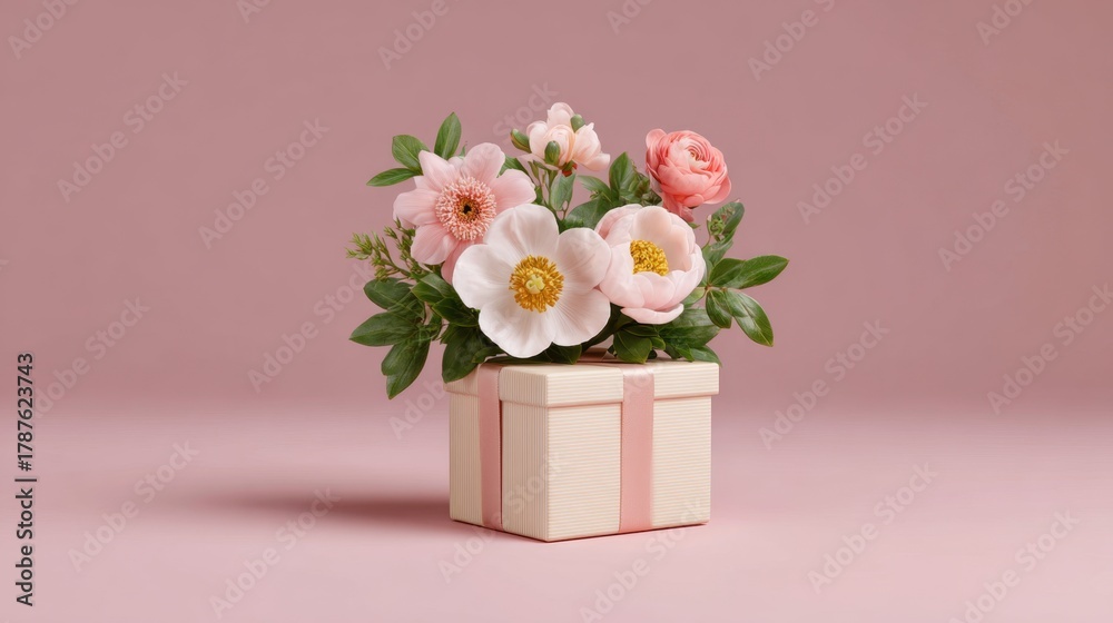 Obraz premium Elegant Floral Arrangement in Gift Box with Soft Pink Background for Decoration or Event Themes