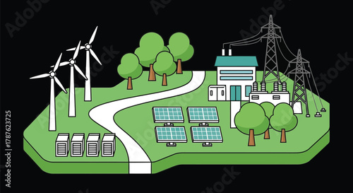 Renewable energy sources wind turbines and solar panels illustration