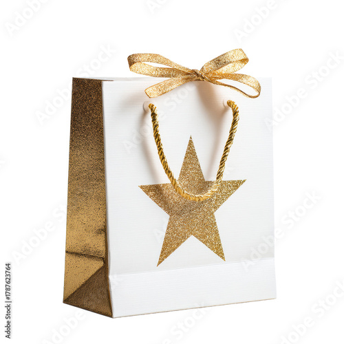 Elegant gift bag with golden star design for celebrations on a transparent background, cut out