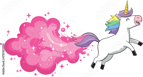 Cartoon unicorn jumping with rainbow mane and golden horn, magical fantasy character leaving sparkles for children’s vector or digital content