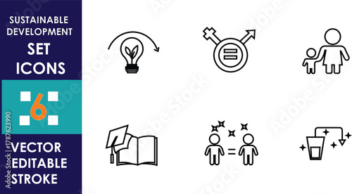Set of six sustainable development vector icons illustrating clean energy, gender equality, family, education, equal opportunities, and clean water in simple editable stroke line style