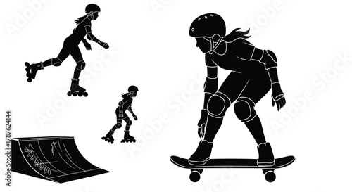 Skateboarding roller skating and ramp vector illustration design