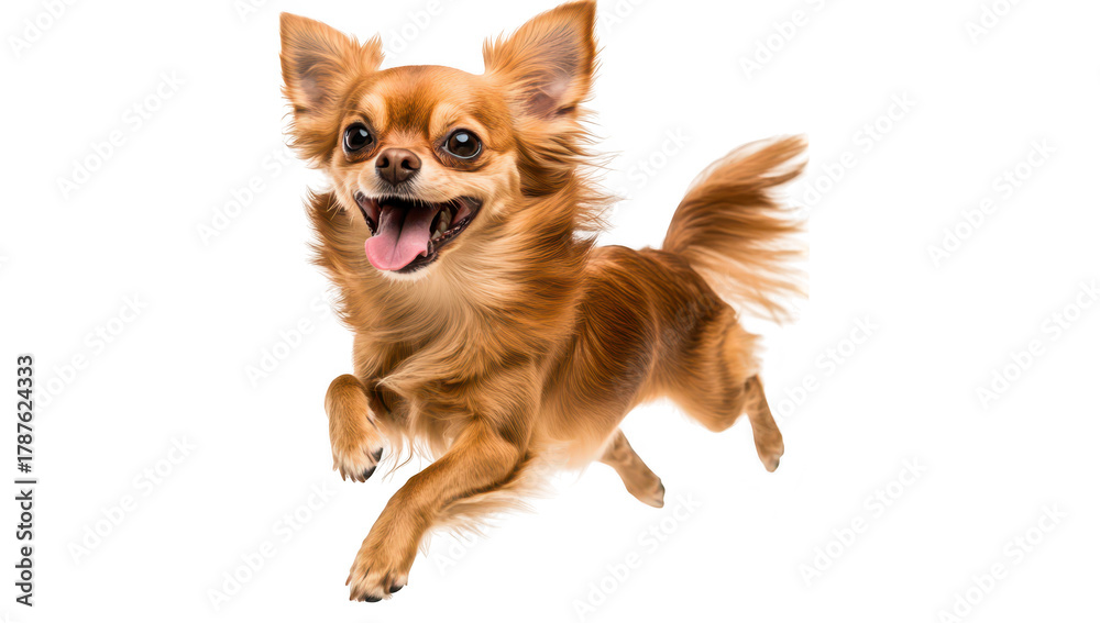 Obraz premium A cheerful Chihuahua dog joyfully leaps in mid-air. its playful spirit against a clean. white background. perfect for pet-related content or advertisements