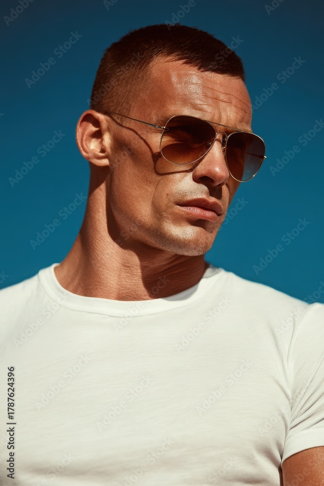 Fototapeta premium A handsome male model wearing sunglasses and a white t-shirt stands against a blue sky background, with short hair, sunlight, an upper body portrait.