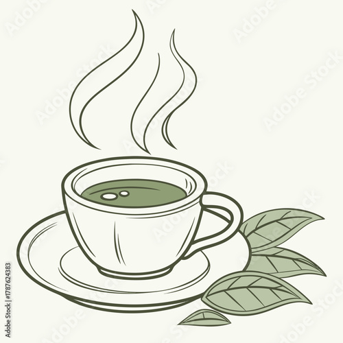 Cup of green tea with steam and leaves