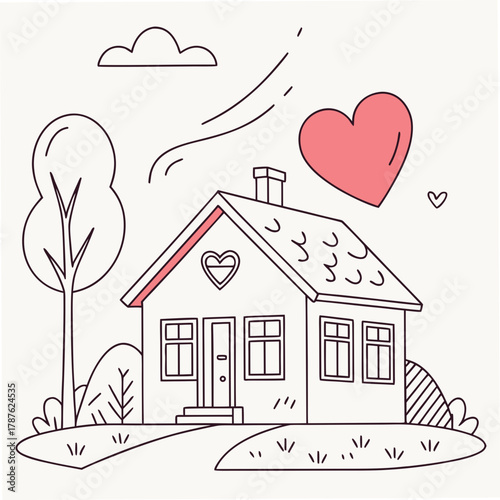 House with heart illustration with tree art