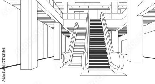 Interior design escalators modern architecture building illustration
