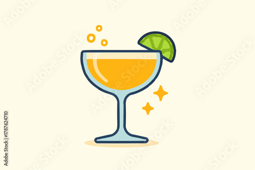 Illustration of various cold alcohol drinks like wine, champagne, and martini cocktails with fruit and ice for a bar party design