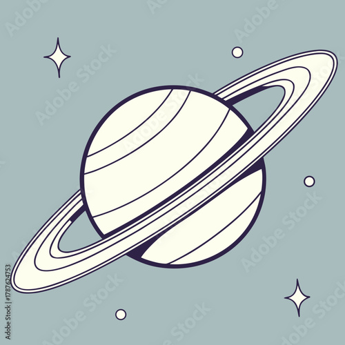 Illustration of saturn with rings and stars on a light blue background