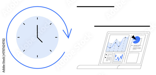 Clock with circular arrow representing time management next to a laptop displaying analytical graphs. Ideal for productivity, efficiency, reporting, planning, tracking, monitoring, simple flat