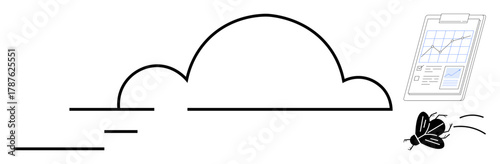 Abstract cloud with motion lines, a flying clipboard, and papers illustrate speed, data transfer, technology, and mobility. Ideal for technology, cloud computing, productivity efficiency speed