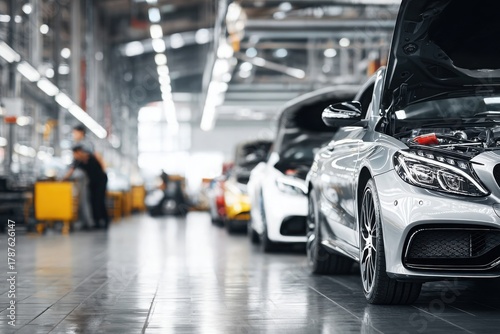 a modern and clean car workshop with professional car service center with luxury vehicles being repaired and hoods open in background.