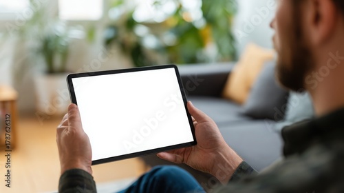 a man is holding a blank tablet with a white screen for a mockup presentation in a living room at home, with a close-up view.