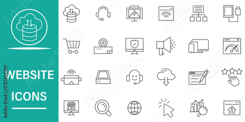 Website editable linear icon set. Included icons as internet, web design, hosting, marketing design, app, search, server, media, UI, contact and more symbol collection. Vector illustration.