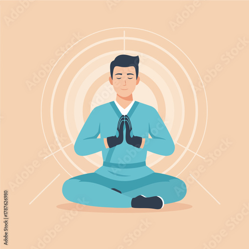 Calm doctor meditating peacefully in lotus pose, seeking inner balance and stress relief