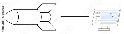 Rocket flying towards screen displaying analytics and graphs, conveying speed and digital transformation. Ideal for innovation, technology, growth, analytics, strategy, progress, simple flat metaphor
