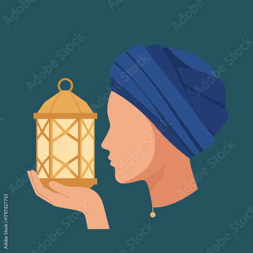 Woman with turban holds glowing lantern, Ramadan & Eid celebration