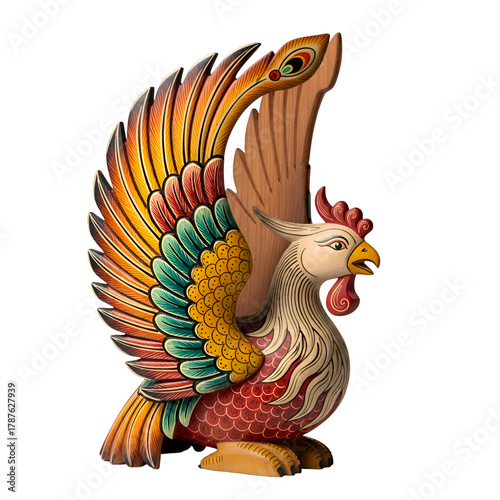 Ornate Carved and Painted Wooden Rooster Sculpture with Colorful Feathers.