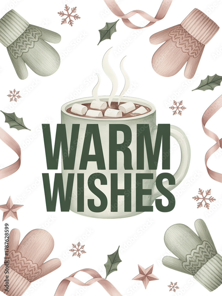 Naklejka premium Cozy winter holiday greeting with steaming hot chocolate and festive decorations for warm wishes