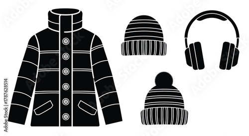 Winter clothing coat hats headphones fashion accessories vector art