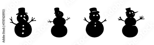 Collection of four black snowman silhouettes for winter and christmas designs
