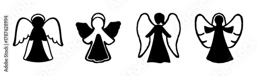 Stylized angel silhouettes with wings and halo, representing spirituality and peace.